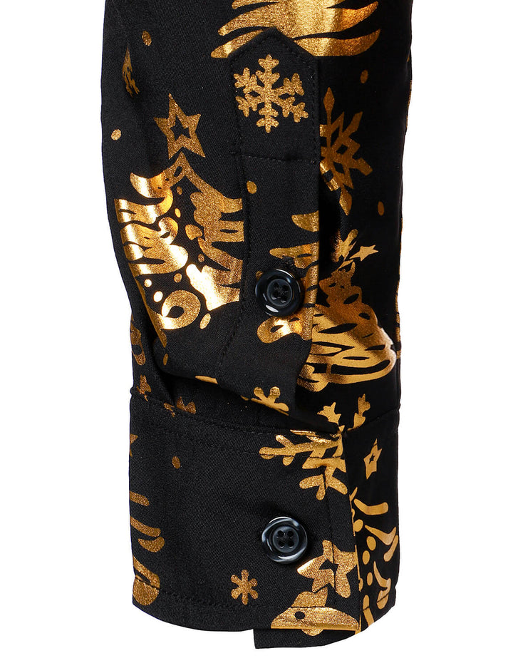 Nalcolm - Camicia da uomo Nera con Stampa natalizia Dorata e Maniche Lunghe