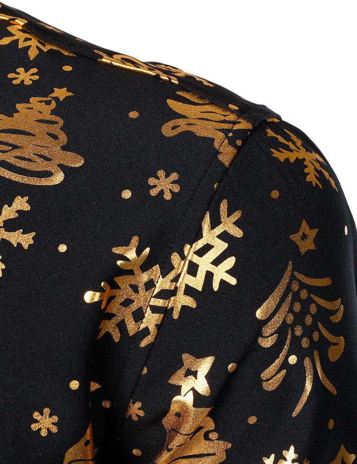 Nalcolm - Camicia da uomo Nera con Stampa natalizia Dorata e Maniche Lunghe