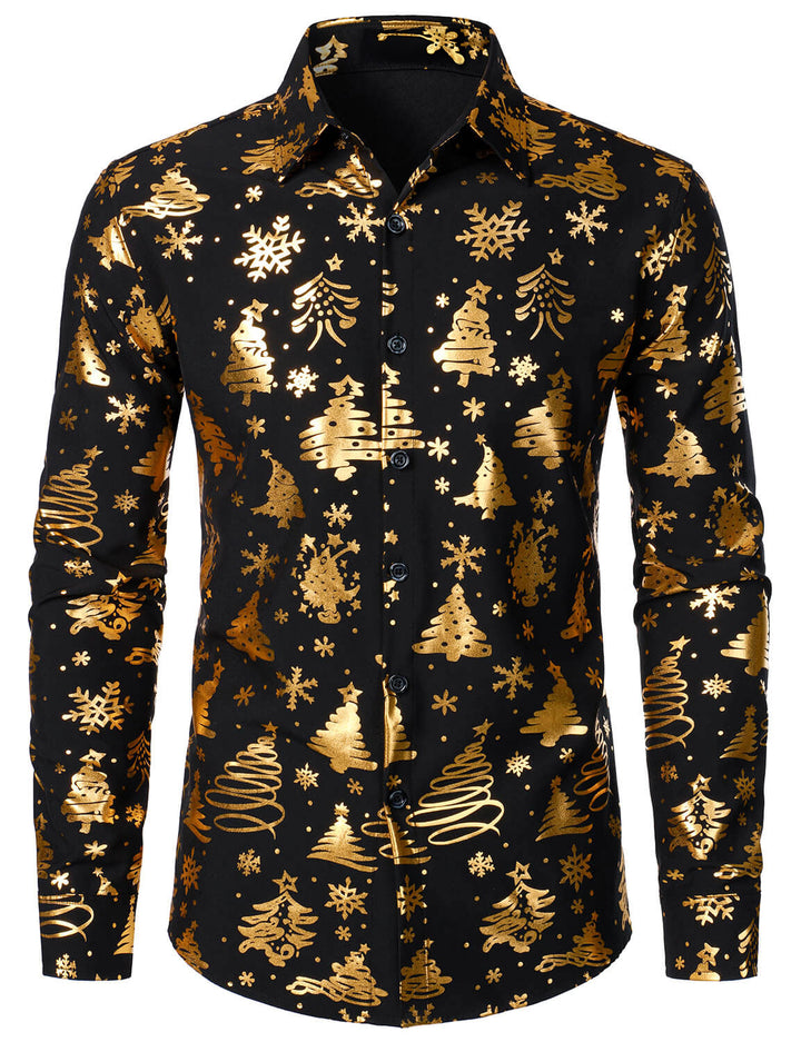 Nalcolm - Camicia da uomo Nera con Stampa natalizia Dorata e Maniche Lunghe