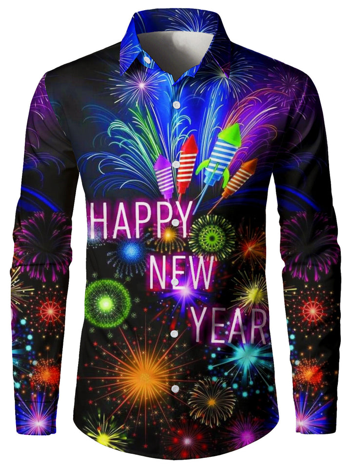 Mateo - Camicia da uomo a Maniche Lunghe Buon Anno Nuovo, Fuochi d'artificio