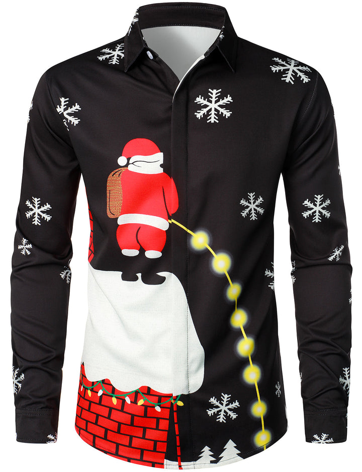 Mathan - Camicia da uomo con Bottoni, nera, Divertente, a Maniche lunghe, con motivo Babbo Natale