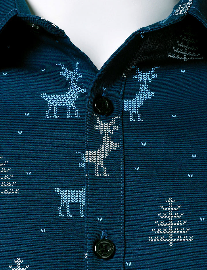 Rowan - Camicia da uomo blu navy a Maniche Lunghe con Stampa alce e Albero di Natale Traspirante