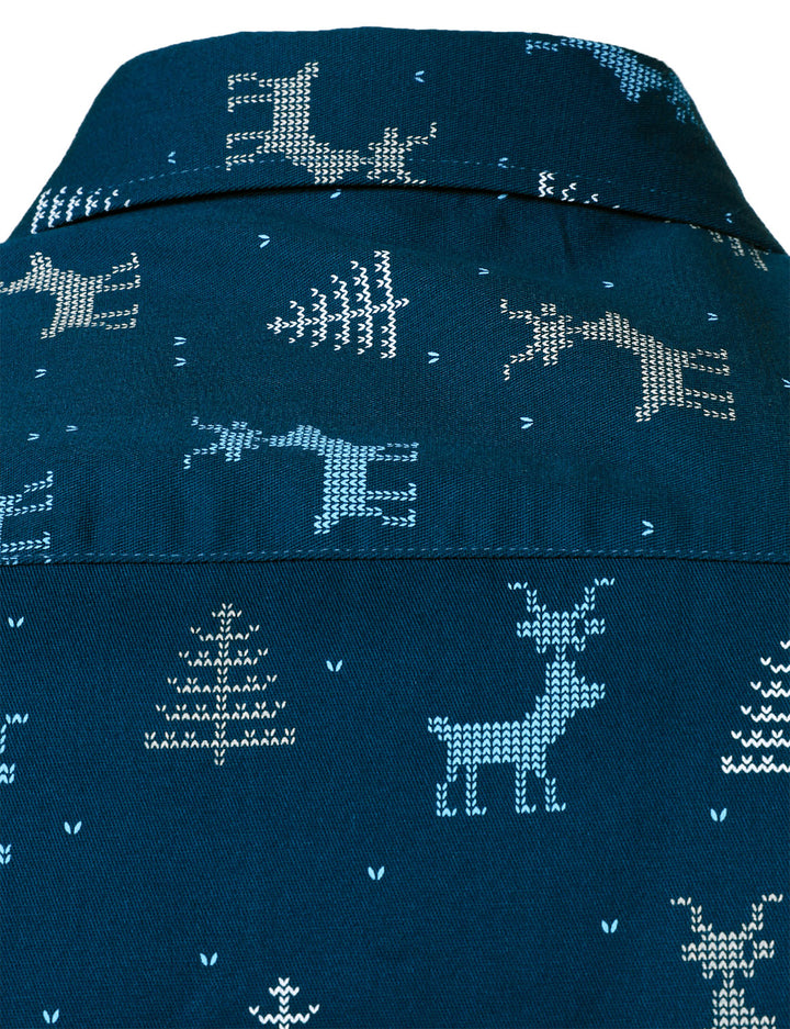 Rowan - Camicia da uomo blu navy a Maniche Lunghe con Stampa alce e Albero di Natale Traspirante