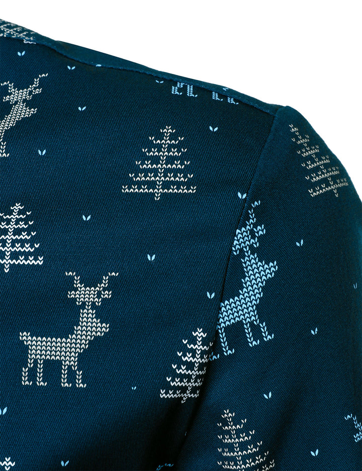 Rowan - Camicia da uomo blu navy a Maniche Lunghe con Stampa alce e Albero di Natale Traspirante