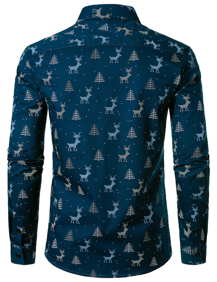 Rowan - Camicia da uomo blu navy a Maniche Lunghe con Stampa alce e Albero di Natale Traspirante