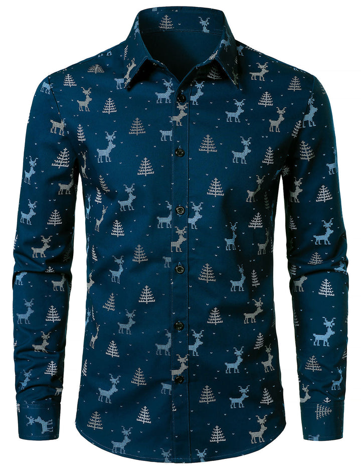 Rowan - Camicia da uomo blu navy a Maniche Lunghe con Stampa alce e Albero di Natale Traspirante