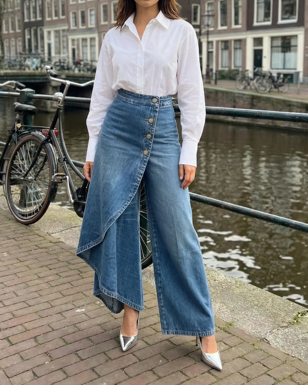 Elpida - Jeans a Gamba Larga Con Bottoni Sul Davanti e Rivestimento Avvolgente