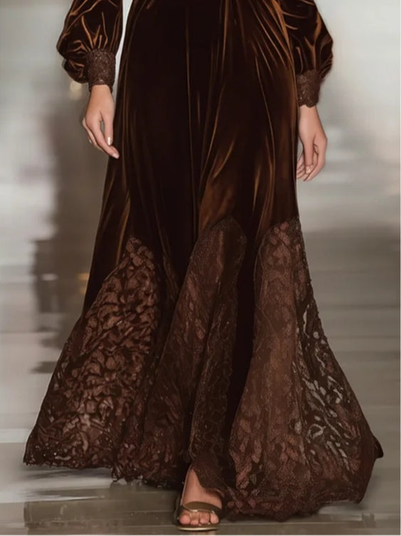 Yasna - Abiti lunghi in Velluto con Collo Alto e Patchwork