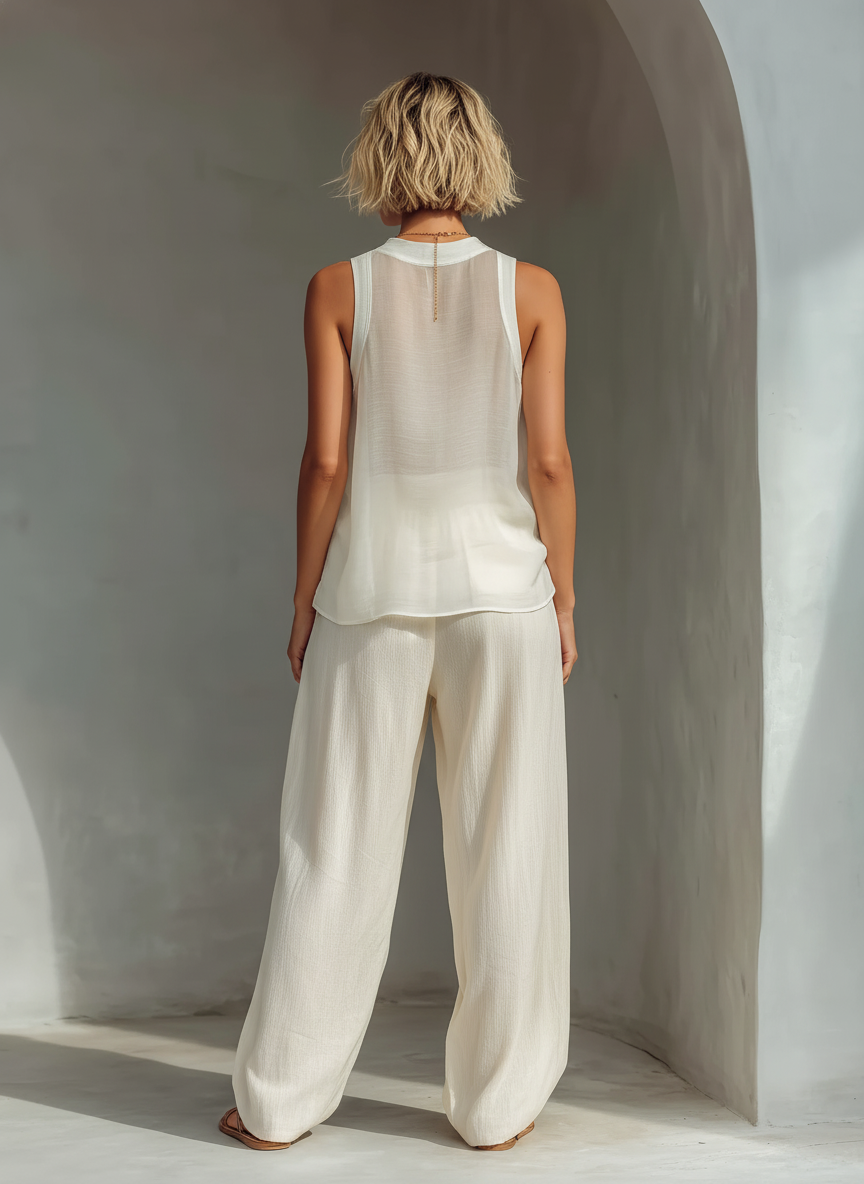Olivian - Set Composto da top senza maniche in chiffon e pantaloni a gamba larga