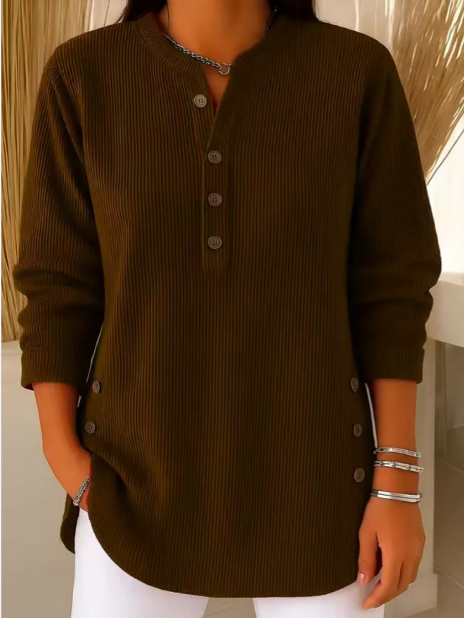 Eshani - Maglia Henley Casual a Maniche lunghe Con Bottoni e Lavorazione a Coste