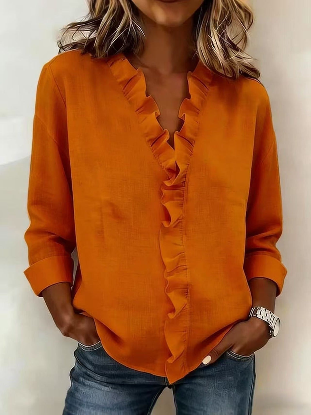 Pabasari - Elegante Camicetta Con Scollo a V e Delicate Balze