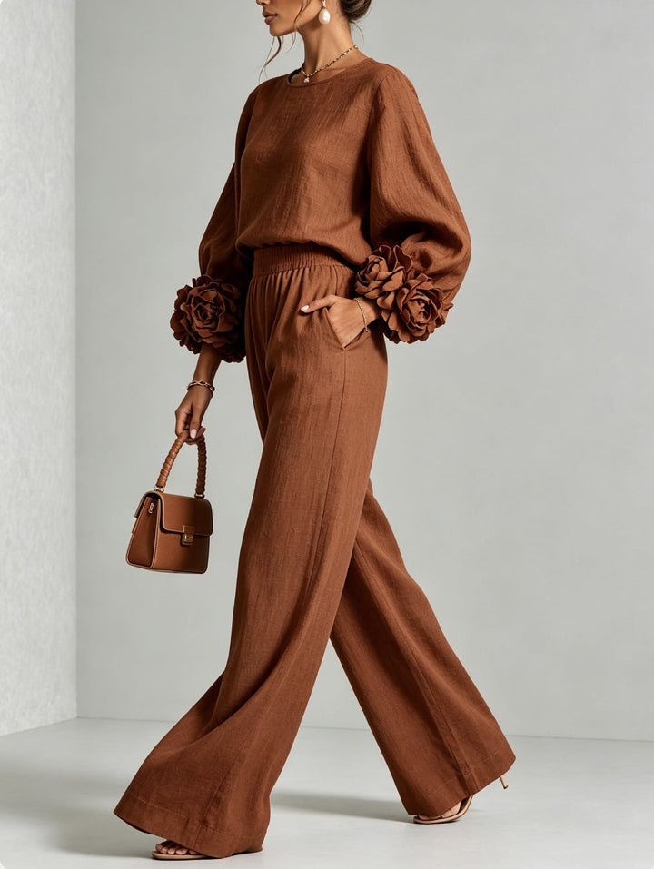 Ayser - Set Composto da Top e Pantaloni con Polsini a Fiori