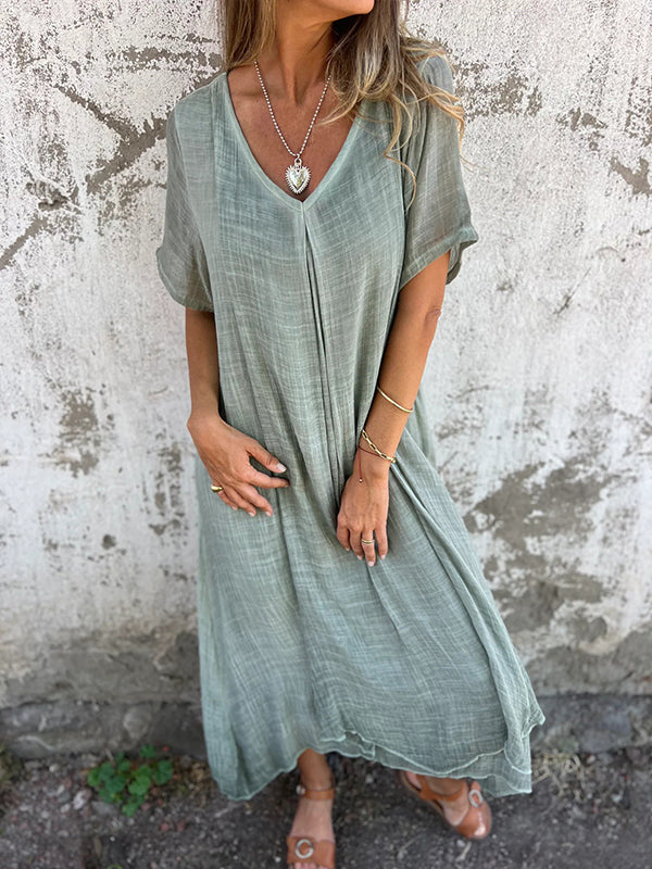 Naduni - Elegante Abito in Cotone e lino Con Scollo a V