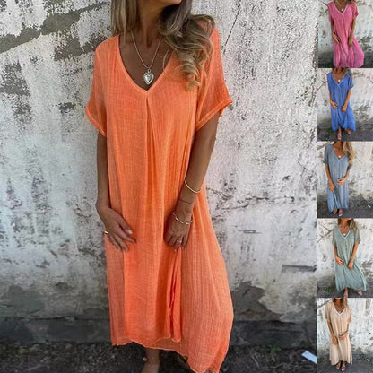 Naduni - Elegante Abito in Cotone e lino Con Scollo a V