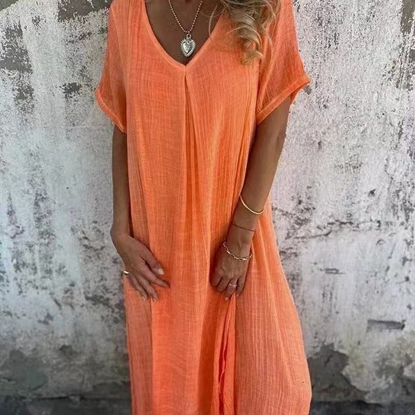 Naduni - Elegante Abito in Cotone e lino Con Scollo a V