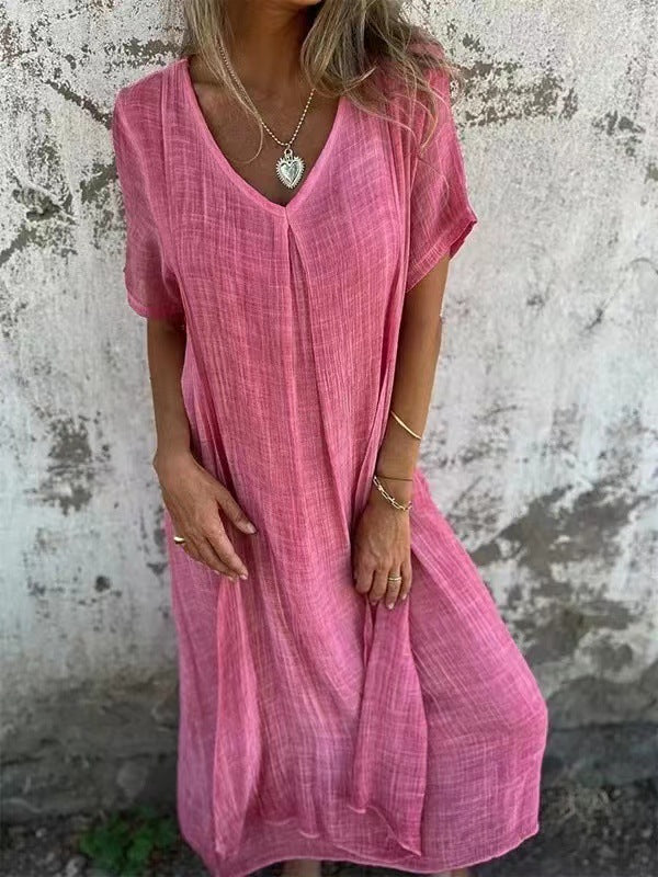 Naduni - Elegante Abito in Cotone e lino Con Scollo a V