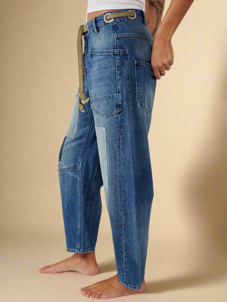 Felixa - Pantaloni in Denim Patchwork a Gamba Larga