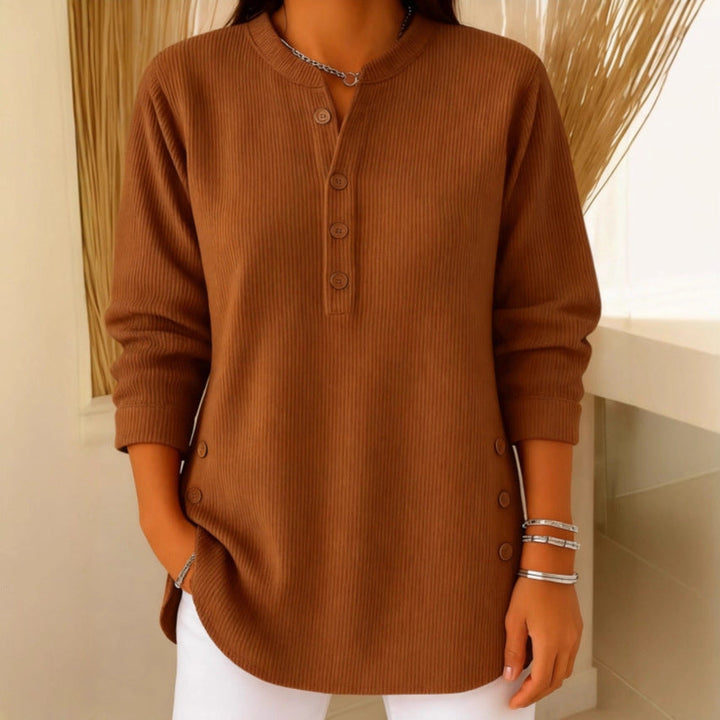 Eshani - Maglia Henley Casual a Maniche lunghe Con Bottoni e Lavorazione a Coste