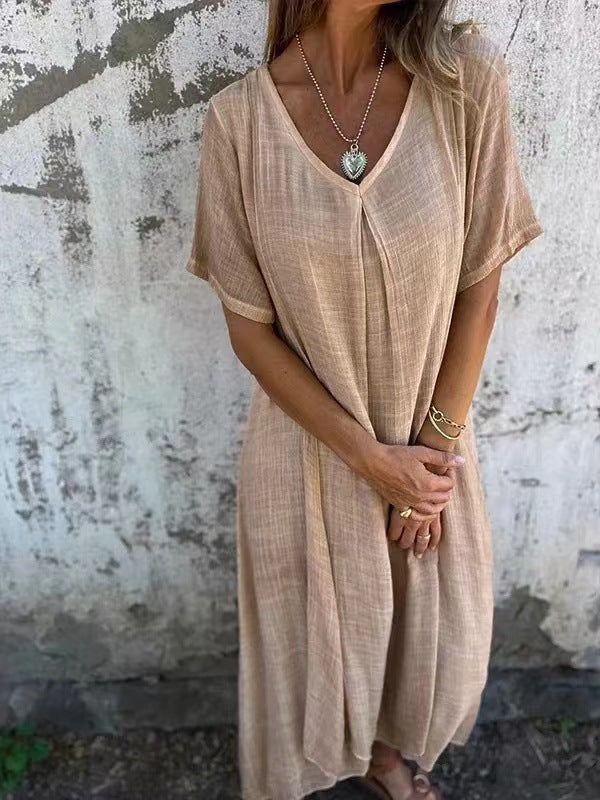 Naduni - Elegante Abito in Cotone e lino Con Scollo a V