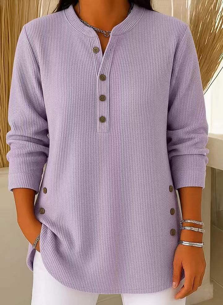 Eshani - Maglia Henley Casual a Maniche lunghe Con Bottoni e Lavorazione a Coste