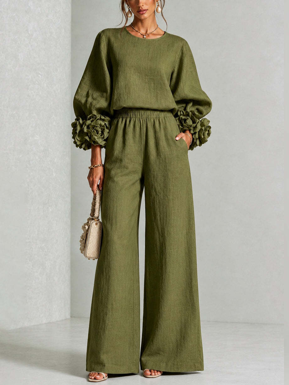Ayser - Set Composto da Top e Pantaloni con Polsini a Fiori