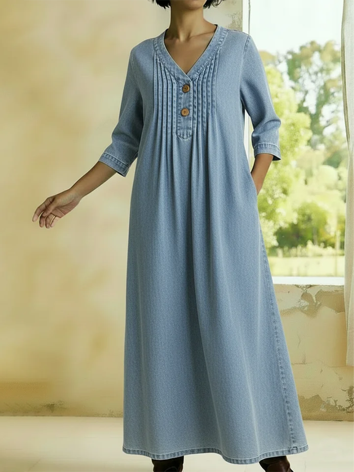 Danjela - Abito In Denim Con Scollo a V e Bottoni