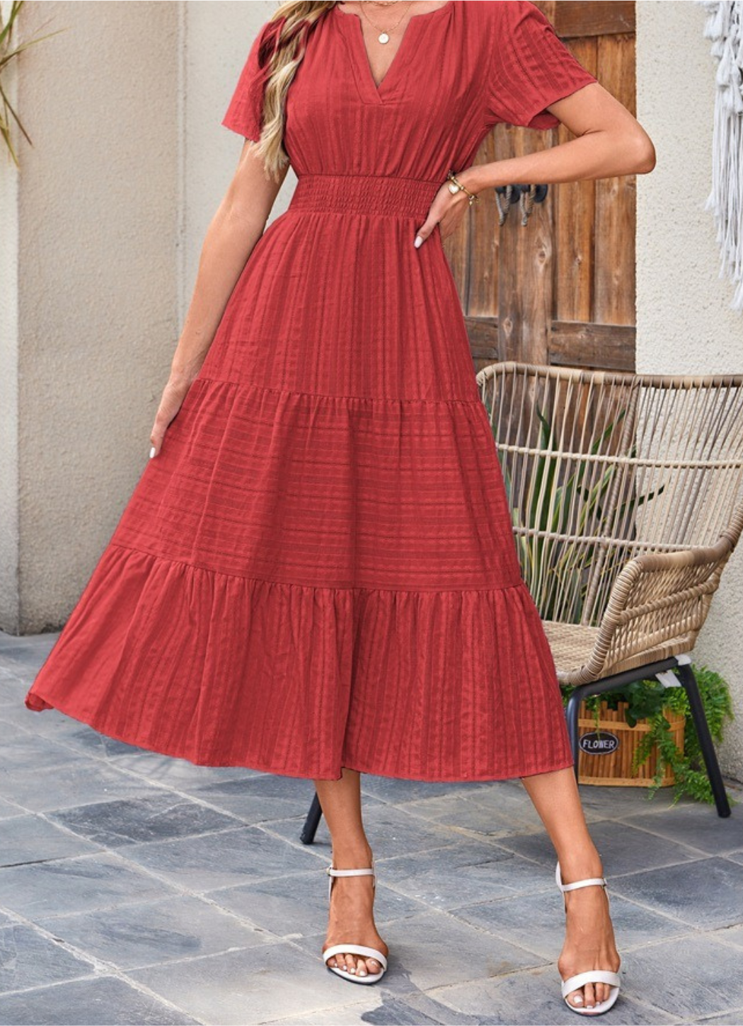 Jikina - Abito Midi a Balze Con Scollo a V e Tasche
