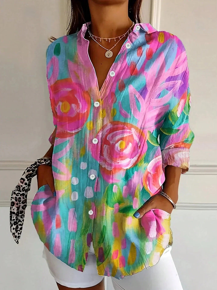 Tzufit - Elegante Camicia a Maniche Lunghe Con Motivo Colorato
