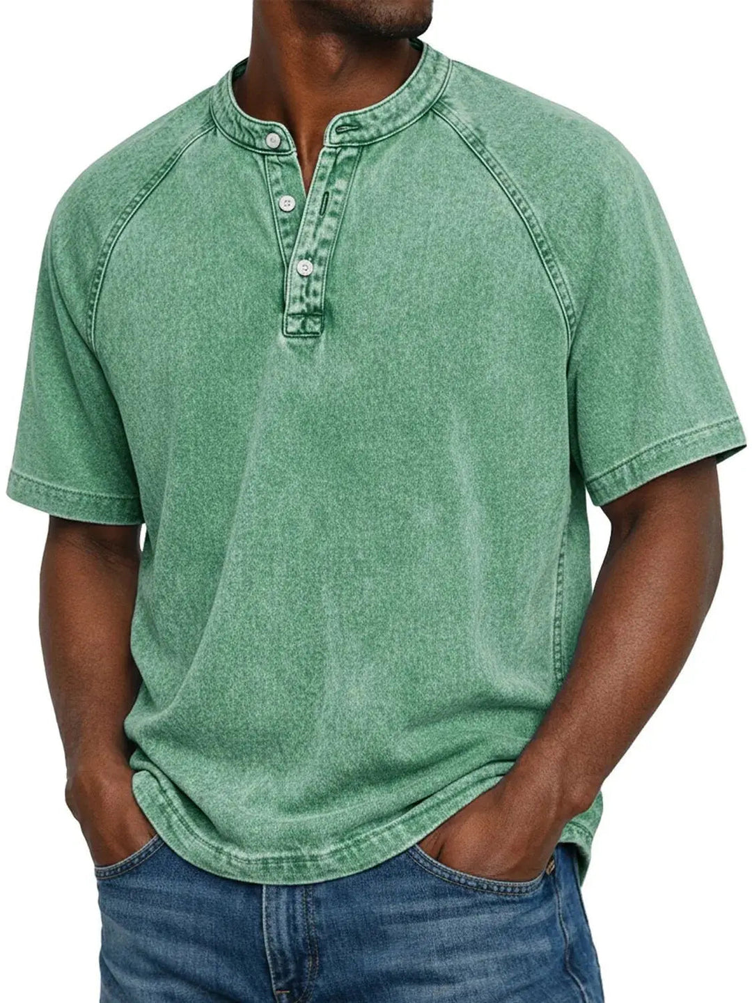Misael - Maglietta Henley a Maniche Corte con Effetto vintage Lavato