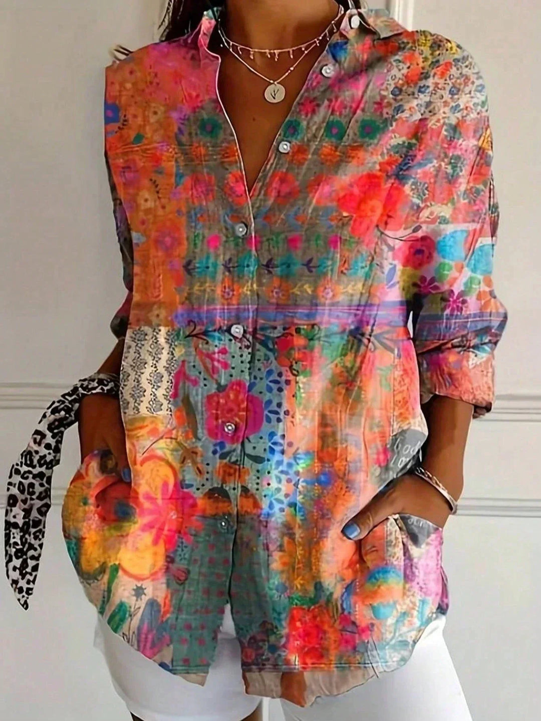 Tzufit - Elegante Camicia a Maniche Lunghe Con Motivo Colorato