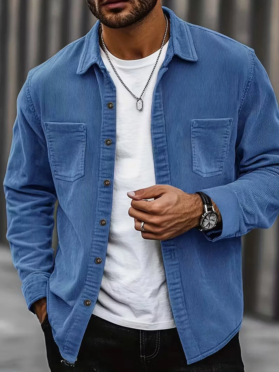 Niroshan - Camicia Oversize in Velluto a Coste a Maniche Lunghe