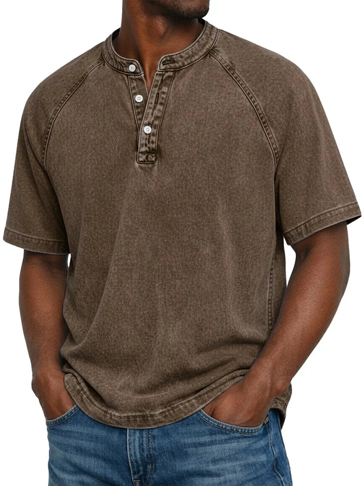 Misael - Maglietta Henley a Maniche Corte con Effetto vintage Lavato