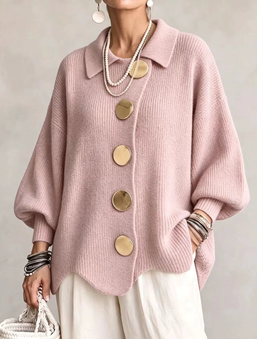 Shiryl - Cardigan in Maglia a Maniche Lunghe Con Colletto e Bottoni