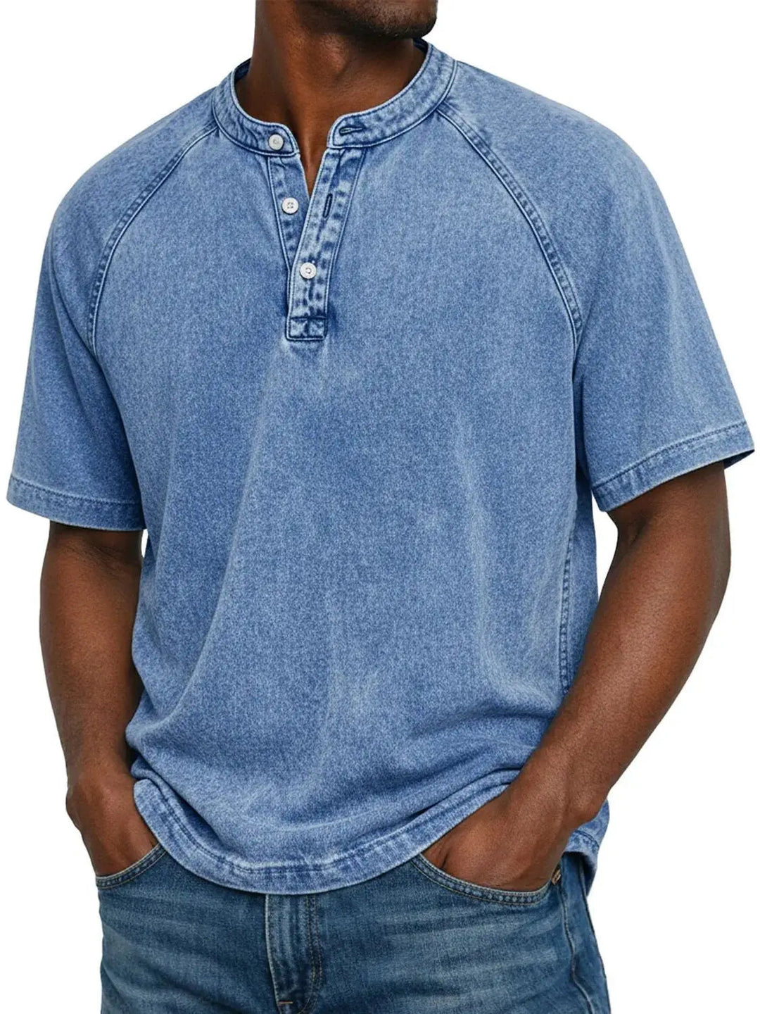 Misael - Maglietta Henley a Maniche Corte con Effetto vintage Lavato