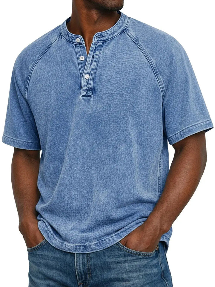 Misael - Maglietta Henley a Maniche Corte con Effetto vintage Lavato