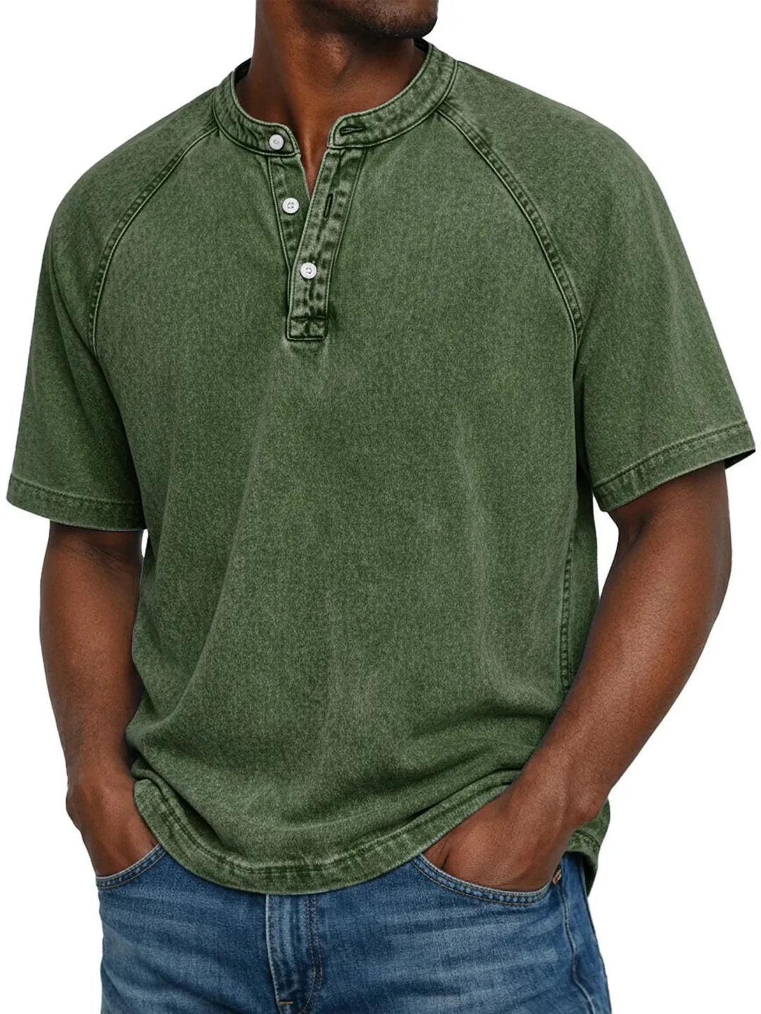 Misael - Maglietta Henley a Maniche Corte con Effetto vintage Lavato