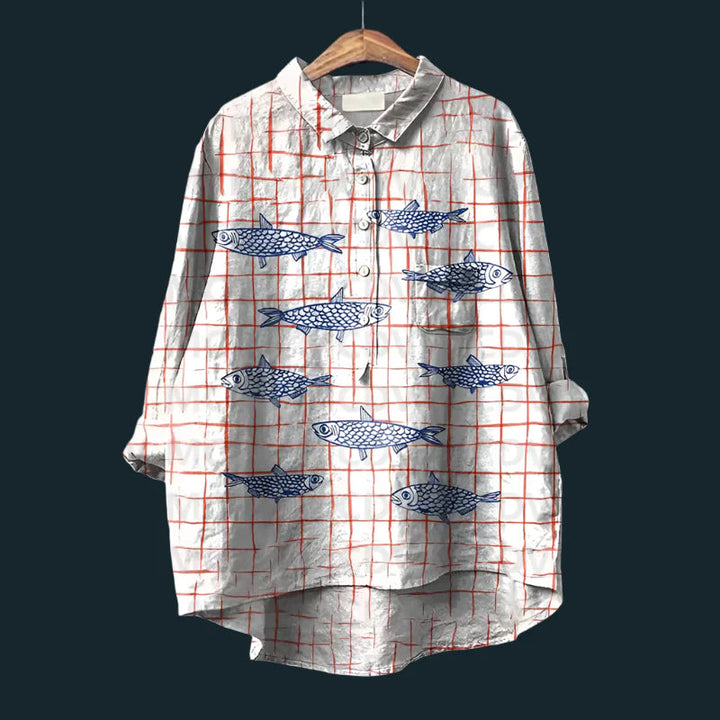 Saioa - Comoda Camicia Vintage Con Stampa A Pesci