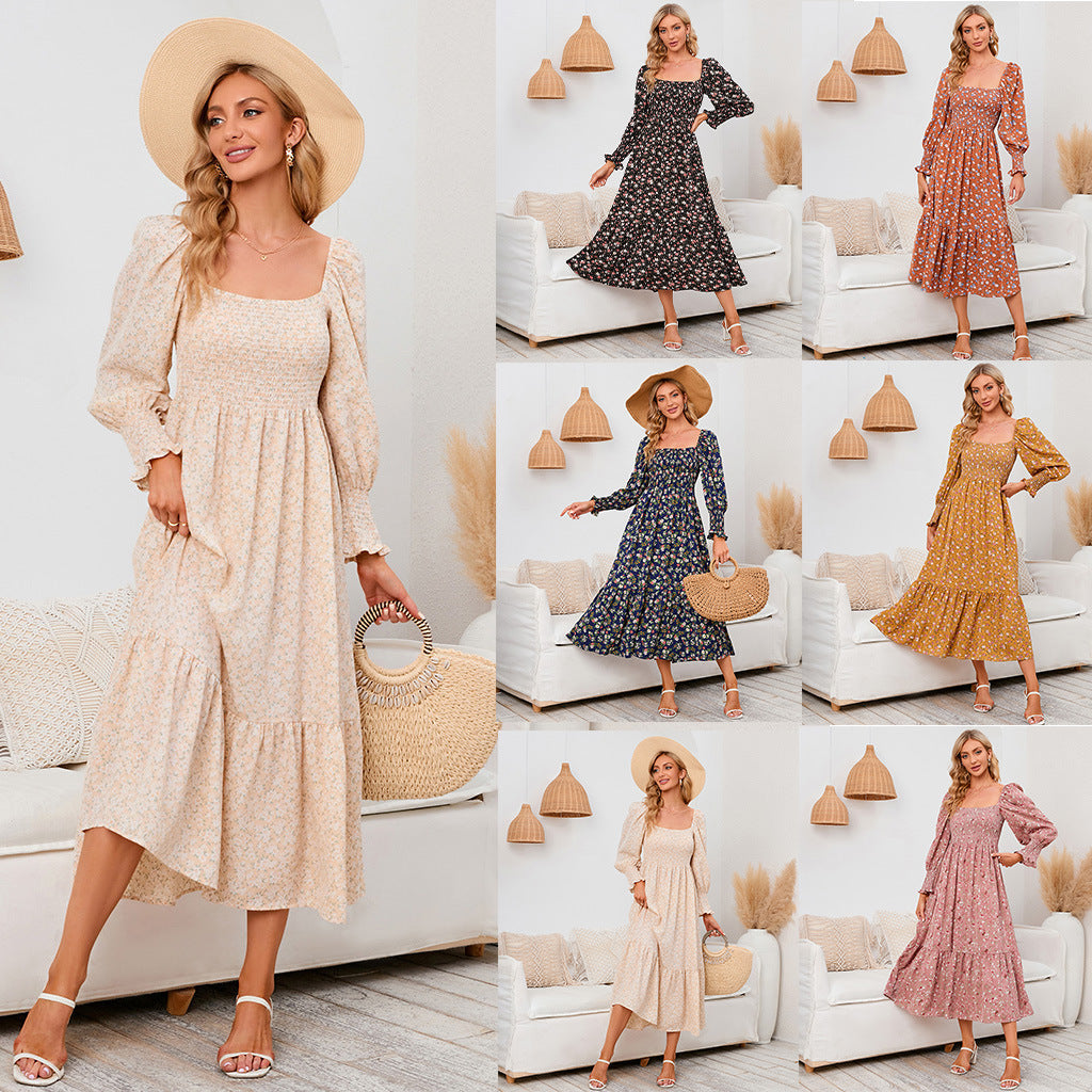 Vasilya - Abito Elegante con Maniche Svasate e Motivo Floreale