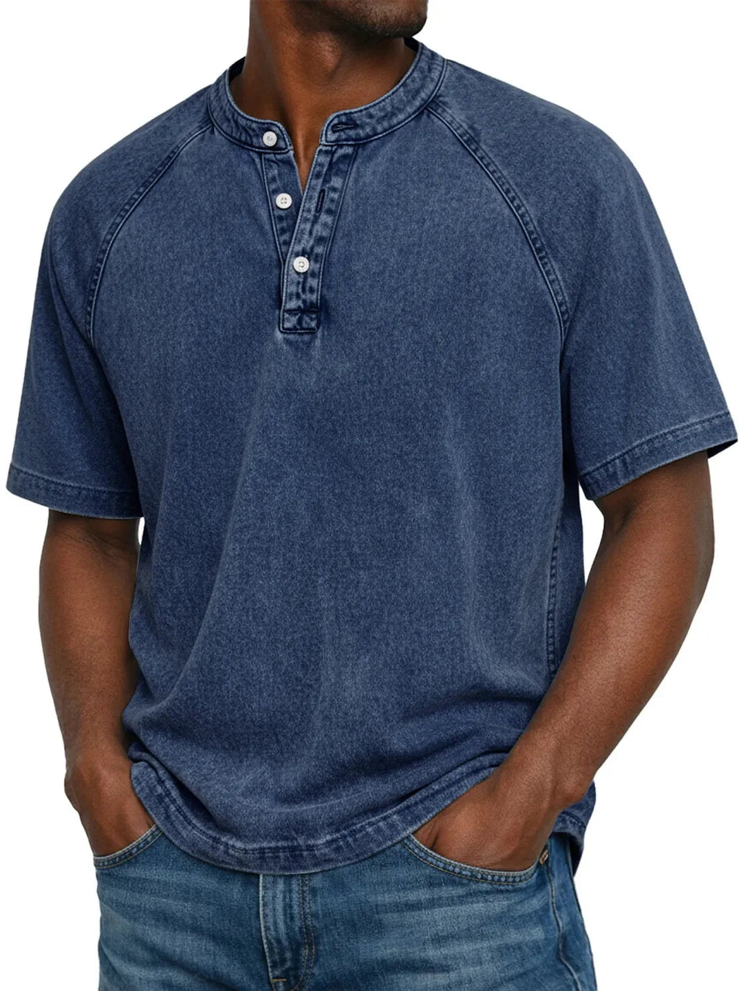 Misael - Maglietta Henley a Maniche Corte con Effetto vintage Lavato