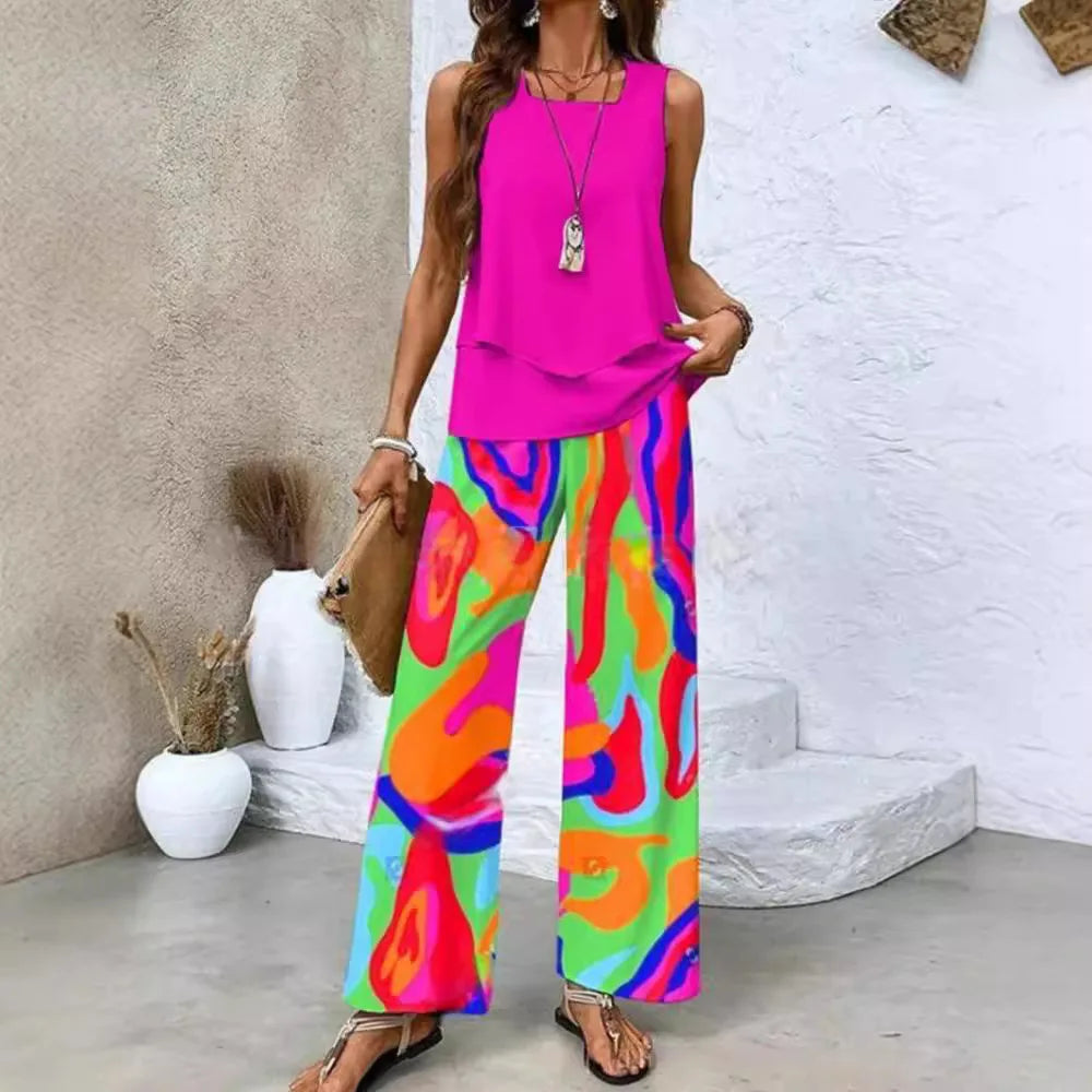 Analy - Set Composto Da in Alto Senza Maniche e Pantaloni a Gamba Larga