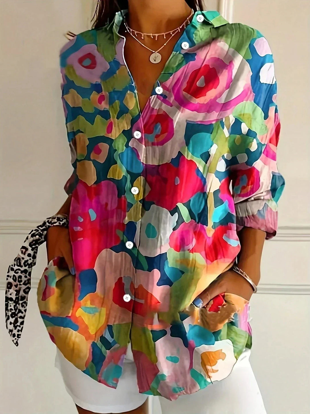 Tzufit - Elegante Camicia a Maniche Lunghe Con Motivo Colorato