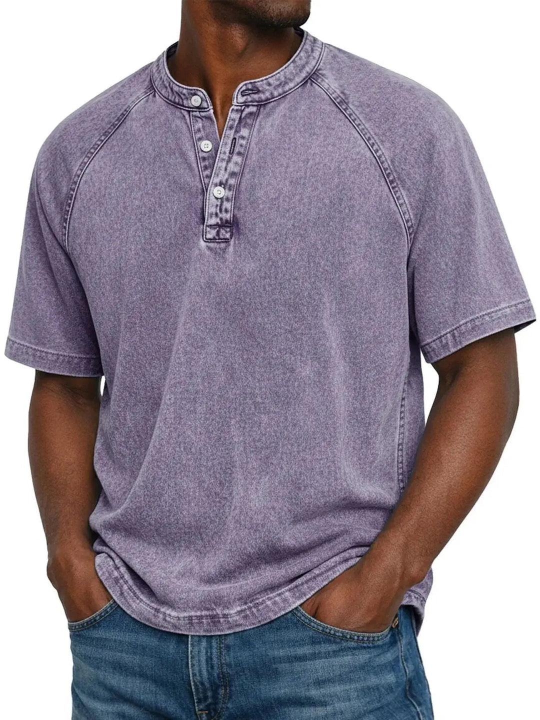 Misael - Maglietta Henley a Maniche Corte con Effetto vintage Lavato