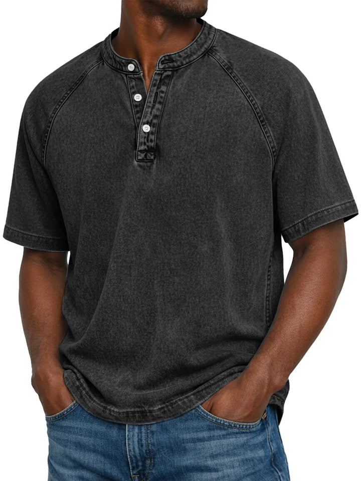 Misael - Maglietta Henley a Maniche Corte con Effetto vintage Lavato