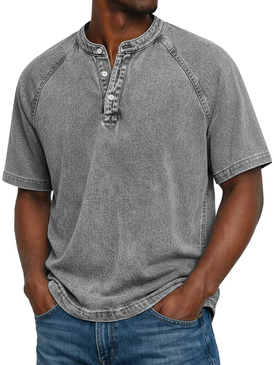 Misael - Maglietta Henley a Maniche Corte con Effetto vintage Lavato