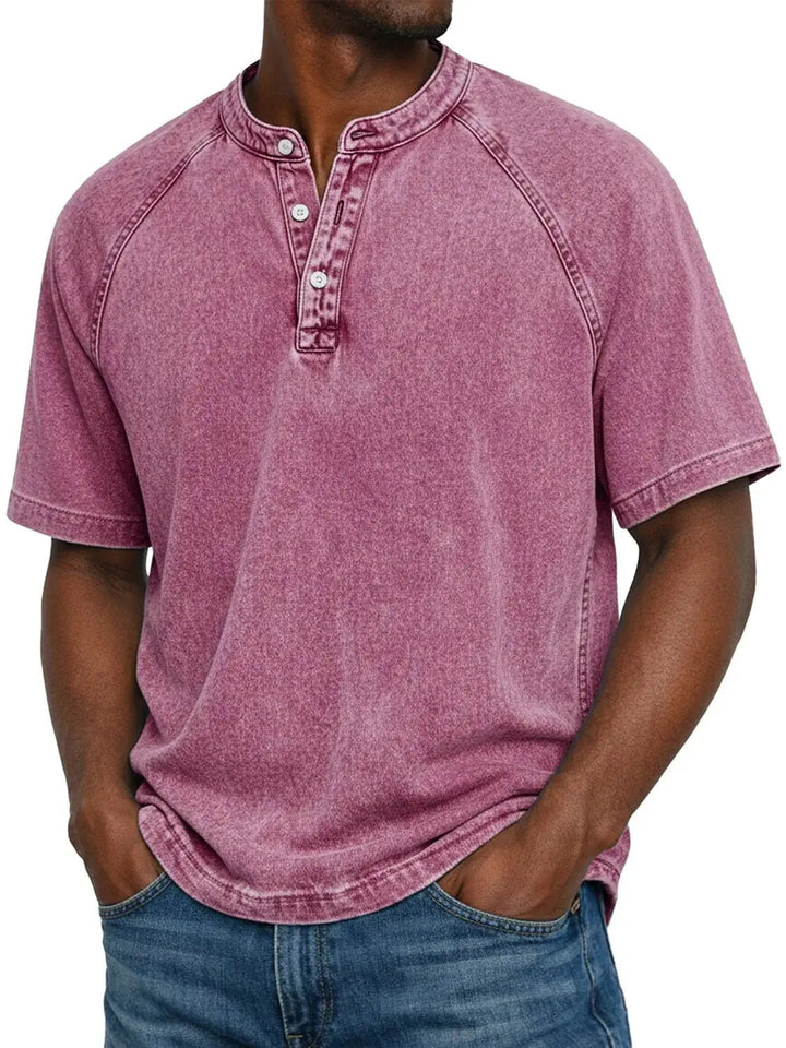 Misael - Maglietta Henley a Maniche Corte con Effetto vintage Lavato