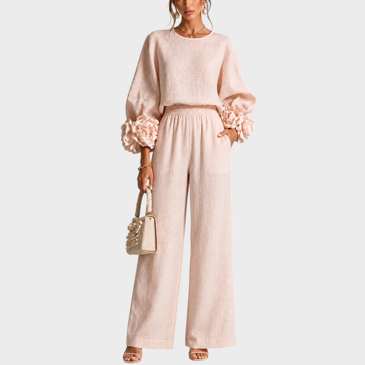 Mersada - Set Composto da Maglia a Maniche Lunghe con Polsini Floreali e Pantaloni a Gamba Larga