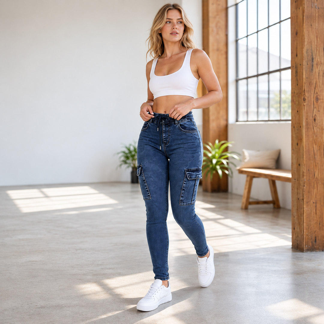 Fizala - Jeans Cargo Elasticizzati a Vita Alta