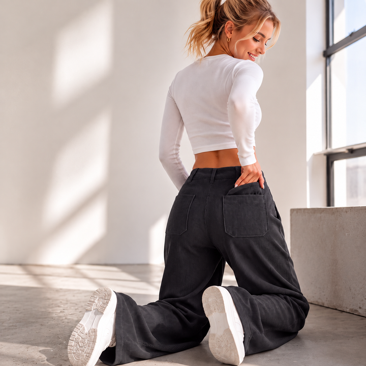 Jina - Pantaloni a Gamba Larga Con Tasche Anteriori