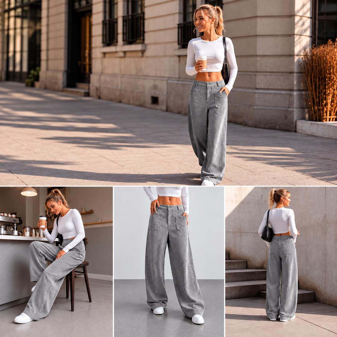 Jina - Pantaloni a Gamba Larga Con Tasche Anteriori