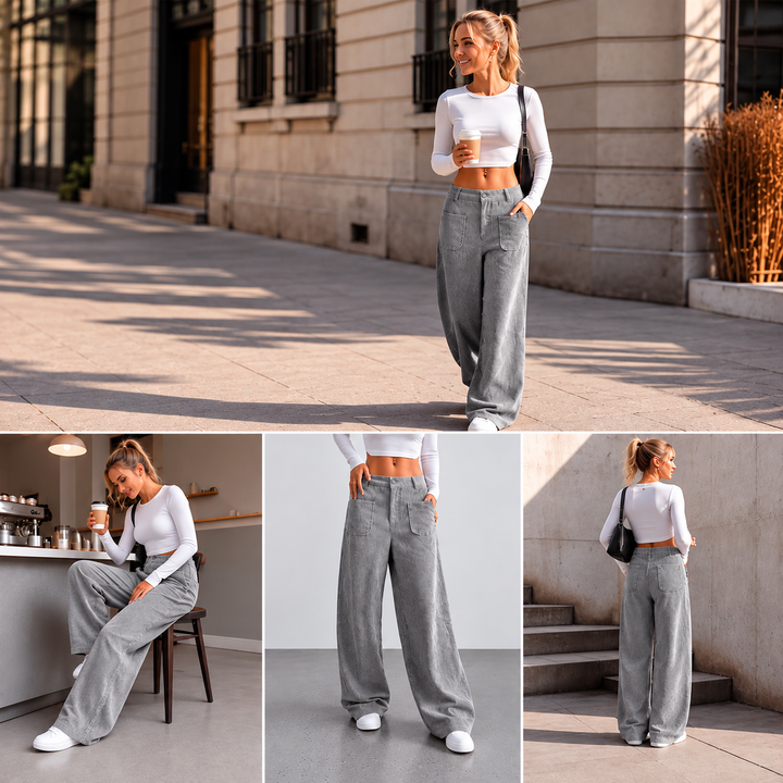 Jina - Pantaloni a Gamba Larga Con Tasche Anteriori